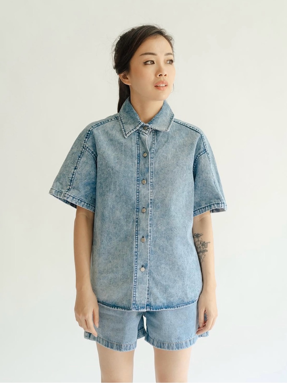 Short Sleeve Denim TShirt Button Up Oversize Fit